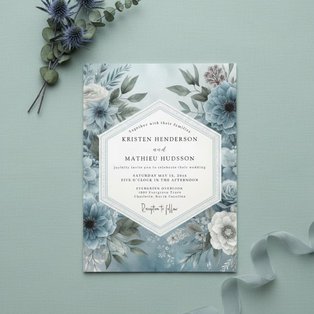 Slate Blue Moody Floral Flourish Wedding Inbjudningar (Skapare uppladdad)