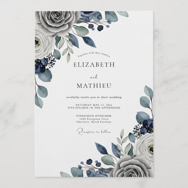 Slate Blue Moody Floral Wedding Inbjudningar (Framsida)