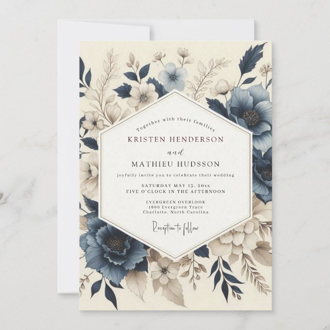 Slate Blue Muted Bloom Wedding Inbjudningar (Framsida)
