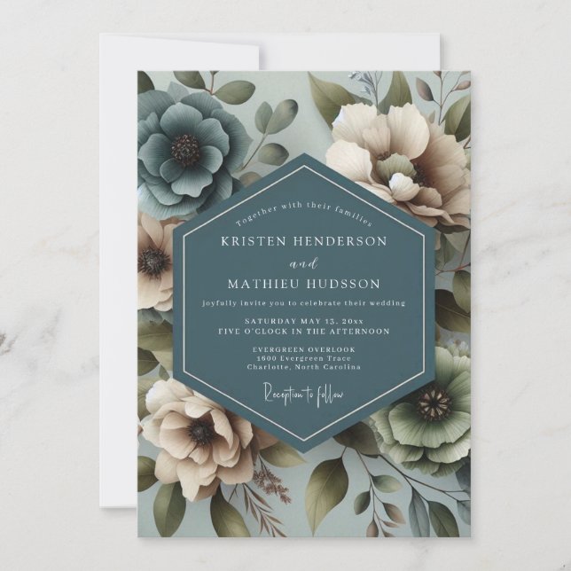Slate Blue Muted Floral Wedding Inbjudningar (Framsida)