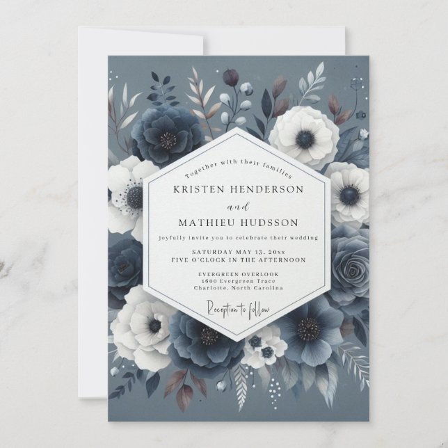 Slate Blue Nocturnal Bloom Wedding Inbjudningar (Framsida)