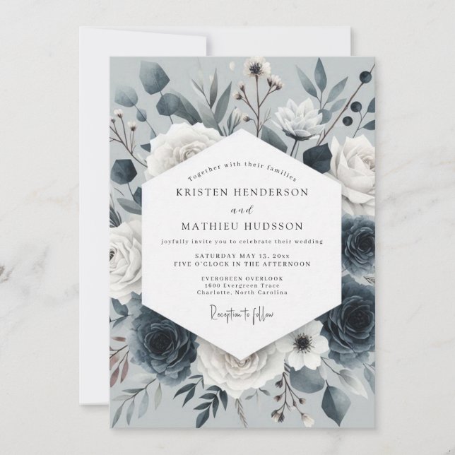 Slate Blue Nocturne Bloom Wedding Inbjudningar (Framsida)