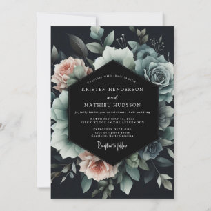 Slate Blue Noir Bloom Bröllop Inbjudningar