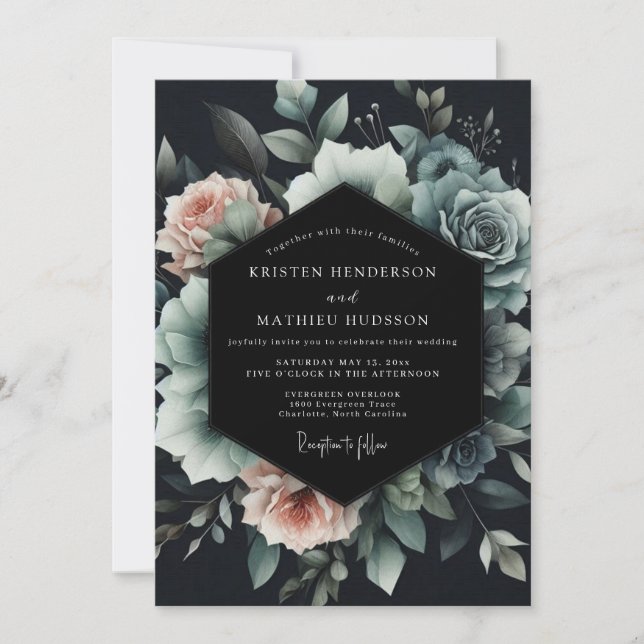 Slate Blue Noir Bloom Wedding Inbjudningar (Framsida)