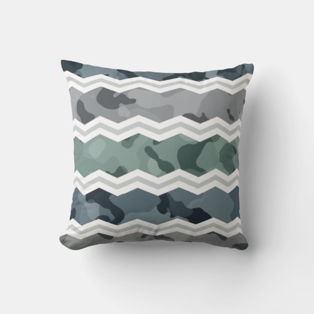 Slate Blue och Grått Camo Chevron Mönster Kudde (Framsida)