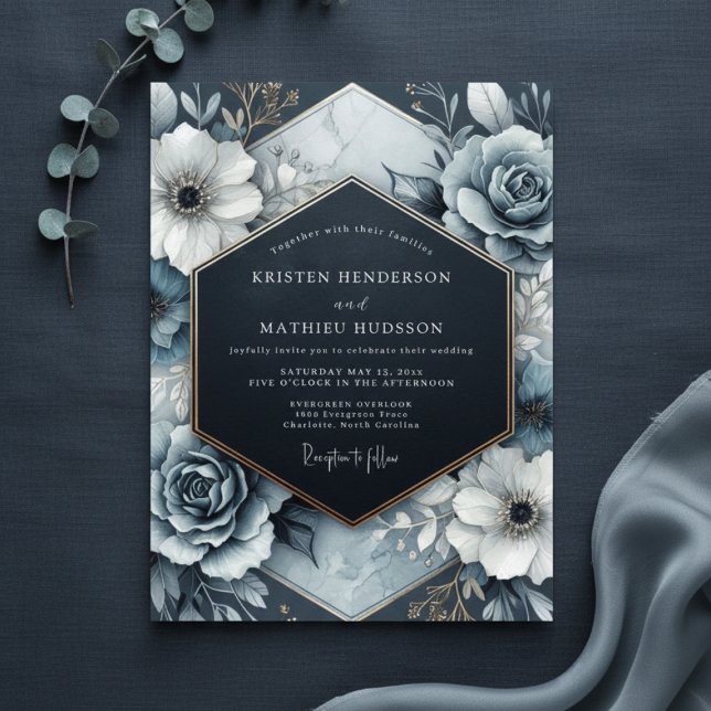 Slate Blue Opulent Bloom Wedding Inbjudningar (Skapare uppladdad)