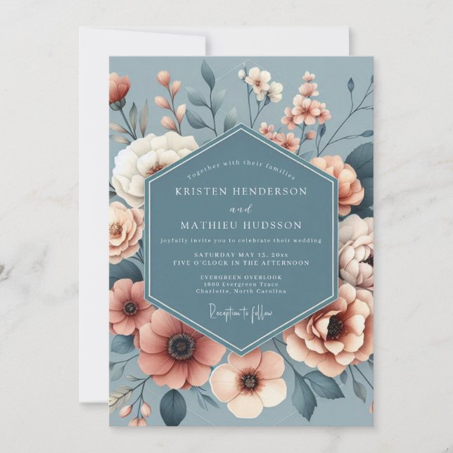 Slate Blue Painterly Bloom Wedding Inbjudningar (Framsida)