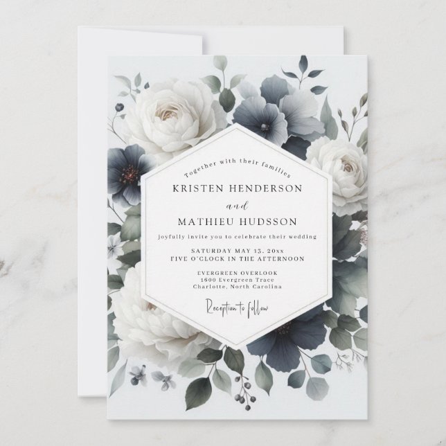 Slate Blue Painterly Flora Wedding Inbjudningar (Framsida)