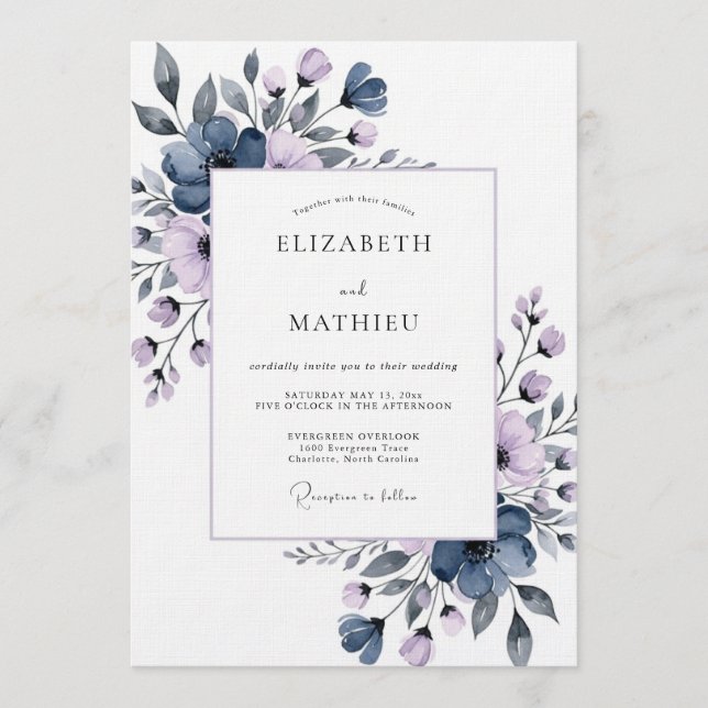 Slate Blue Painterly Flora Wedding Inbjudningar (Framsida)