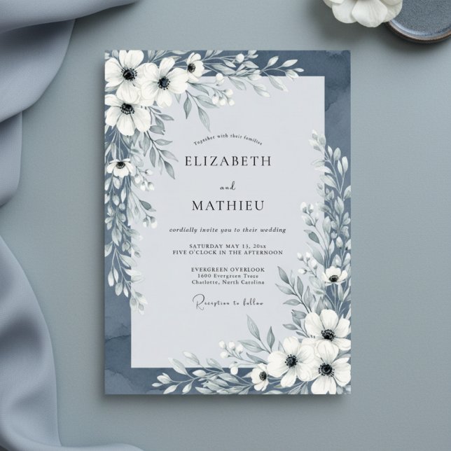 Slate Blue Painterly Floral Wedding Inbjudningar (Skapare uppladdad)