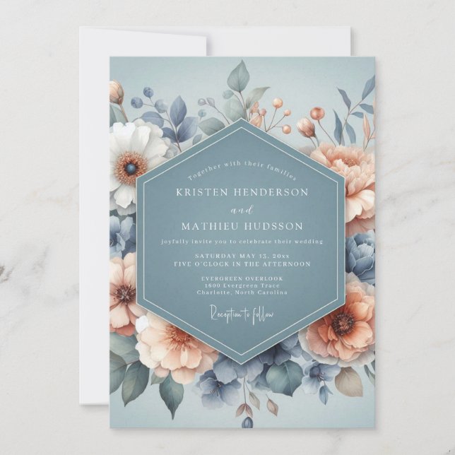 Slate Blue Pastel Bloom Wedding Inbjudningar (Framsida)