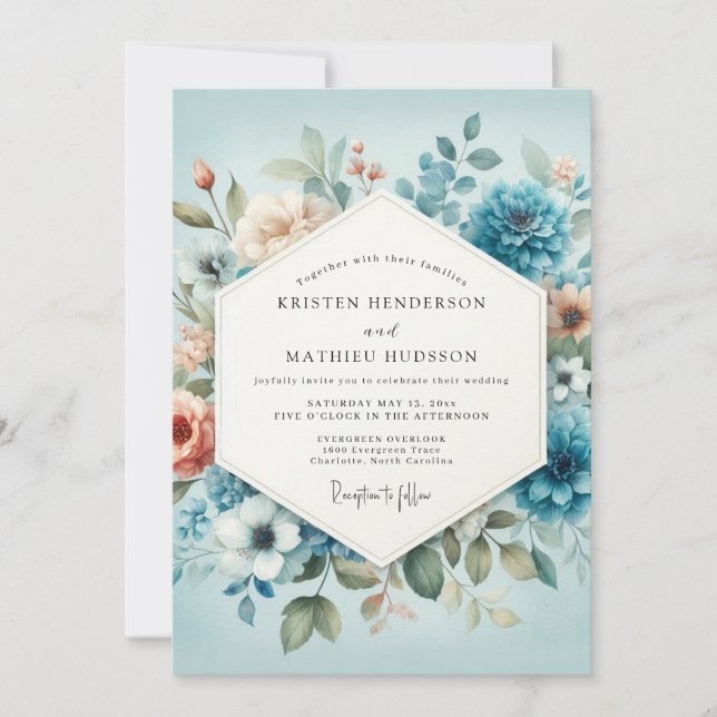 Slate Blue Peach Aquarelle Wedding Inbjudningar (Framsida)
