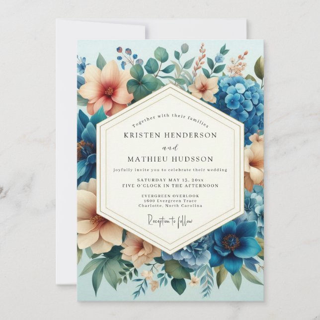 Slate Blue Peach Artful Bloom Wedding Inbjudningar (Framsida)