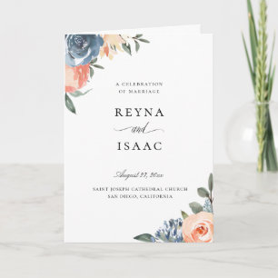 Slate Blue Peach Botanical Blommigt Bröllop Program