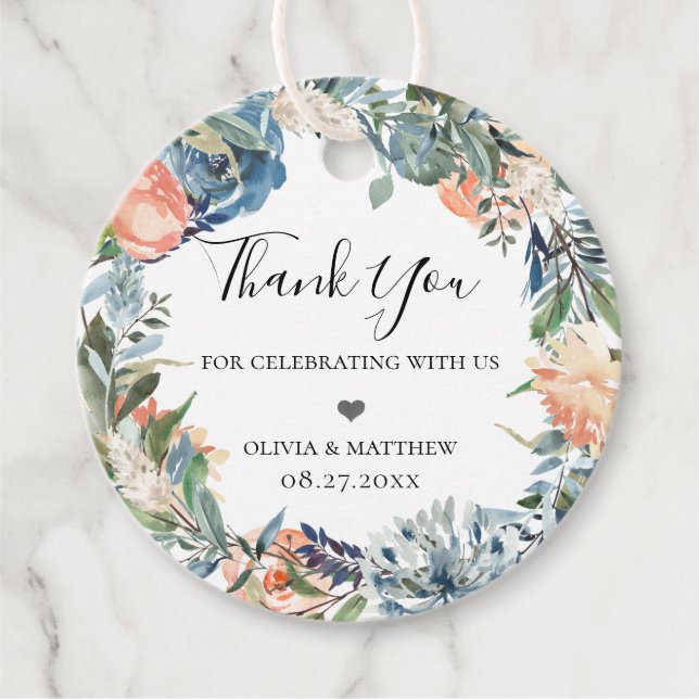 Slate Blue Peach Botanical Wand Gåvor Etiketter (Framsida)