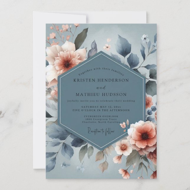 Slate Blue Peach Dreamy Wedding Inbjudningar (Framsida)