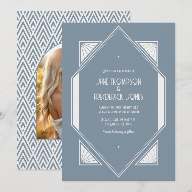 Slate Blue & Pearl White Art Deco Wedding Photo Inbjudningar (Fram/baksida)