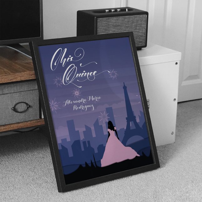 Slate Blue & Rosa Paris Fireworks Quinceañera Poster (Skapare uppladdad)
