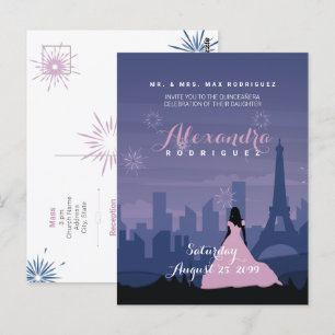 Slate Blue & Rosa Paris Fireworks Quinceañera Vykort
