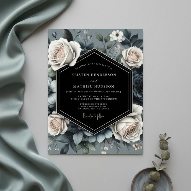 Slate Blue Rose Opulence Wedding Inbjudningar (Skapare uppladdad)