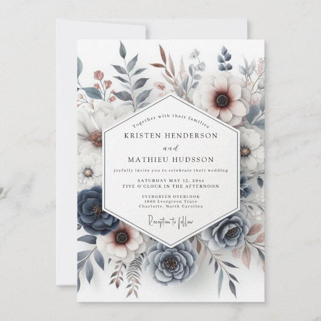 Slate Blue & Rust Moody Floral Wedding Inbjudningar (Framsida)