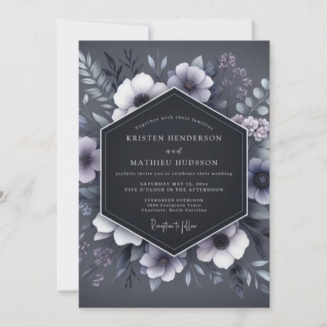 Slate Blue Shadowy Flora Wedding Inbjudningar (Framsida)