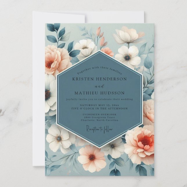 Slate Blue Soft Bloom Wedding Inbjudningar (Framsida)
