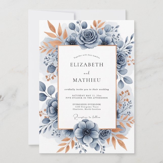 Slate Blue Sophisticated Botanical Wedding Inbjudningar (Framsida)