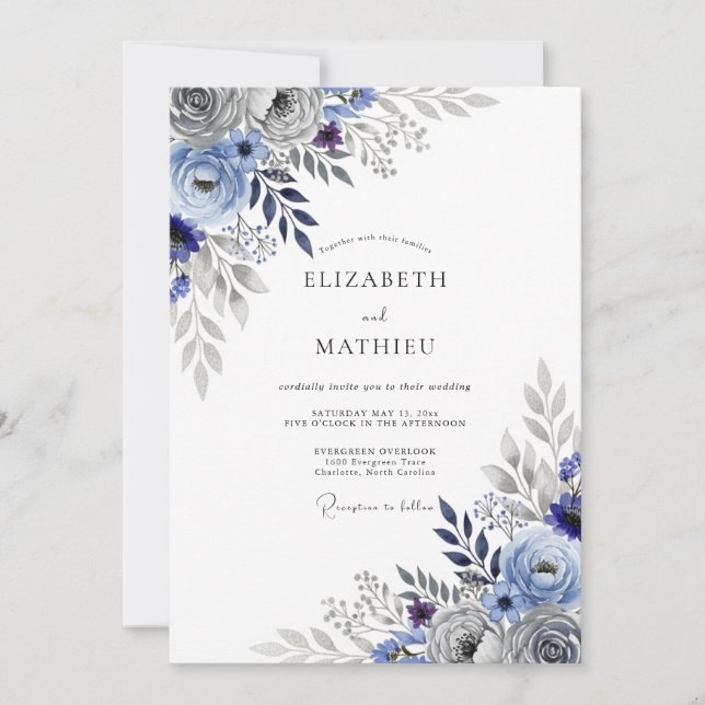 Slate Blue Striking Botanical Wedding Inbjudningar (Framsida)