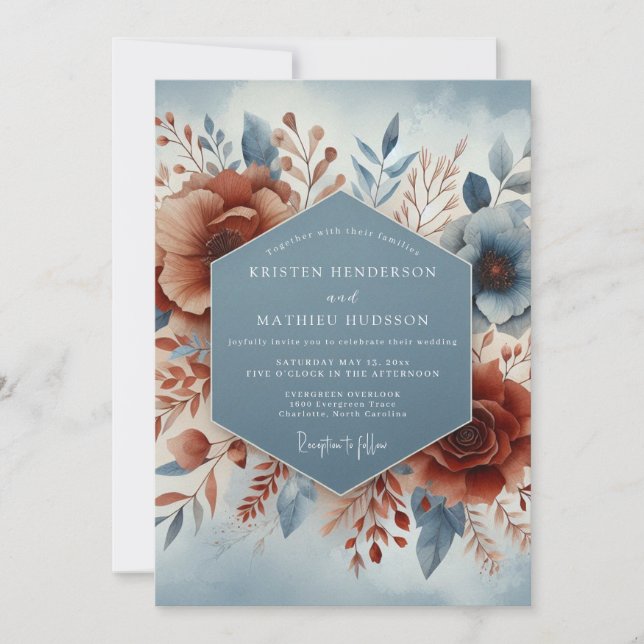 Slate Blue Terracotta Bloom Wedding Inbjudningar (Framsida)