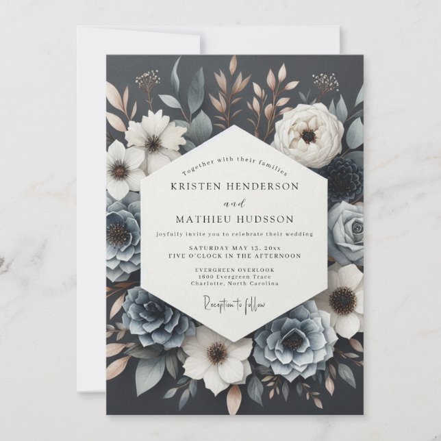Slate Blue Twilight Bloom Wedding Inbjudningar (Framsida)