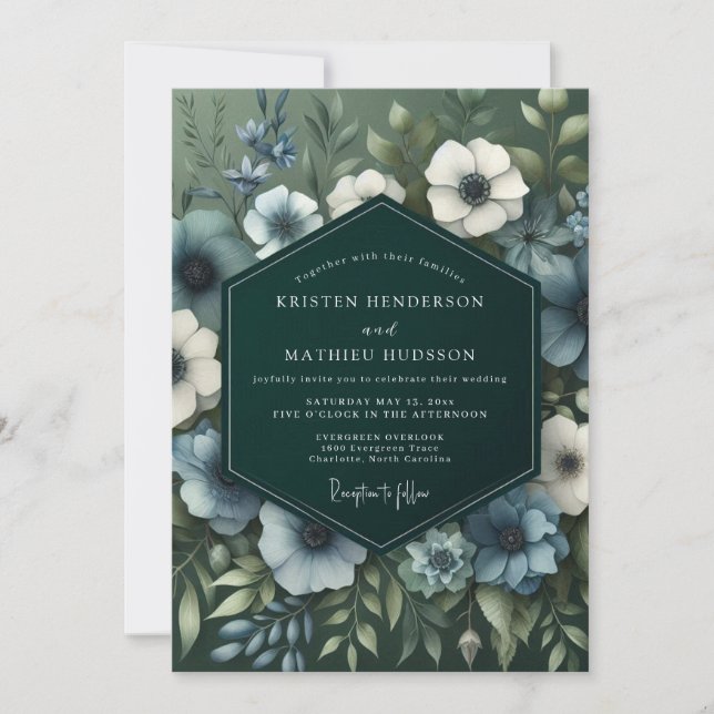 Slate Blue Verdant Bloom Wedding Inbjudningar (Framsida)