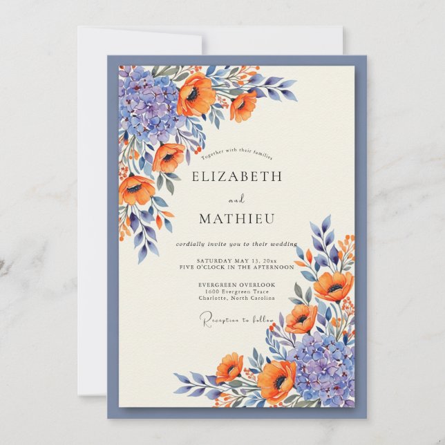 Slate Blue Vibrant Poppy Wedding Inbjudningar (Framsida)