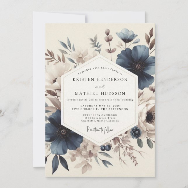 Slate Blue Vintage Bloom Wedding Inbjudningar (Framsida)