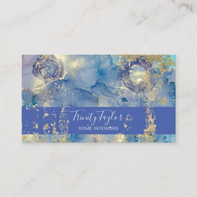 Slate Blue Watercolor Marble Bläck & Gold Foil Visitkort (Framsida)