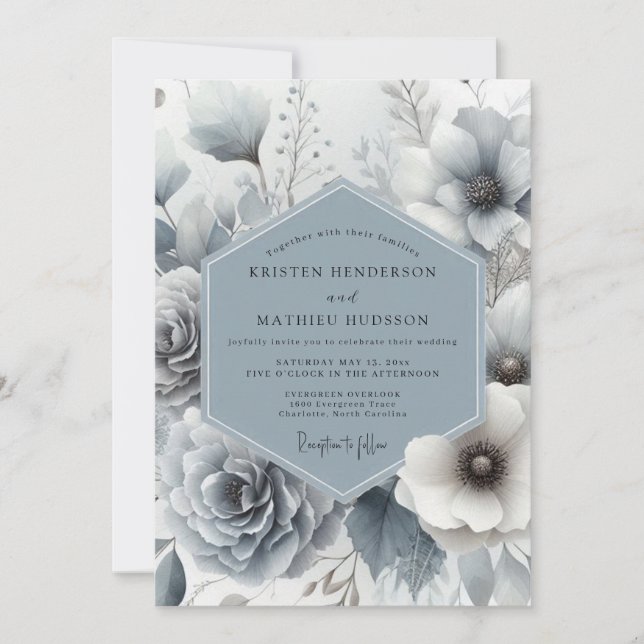 Slate Blue Whisper Bloom Wedding Inbjudningar (Framsida)