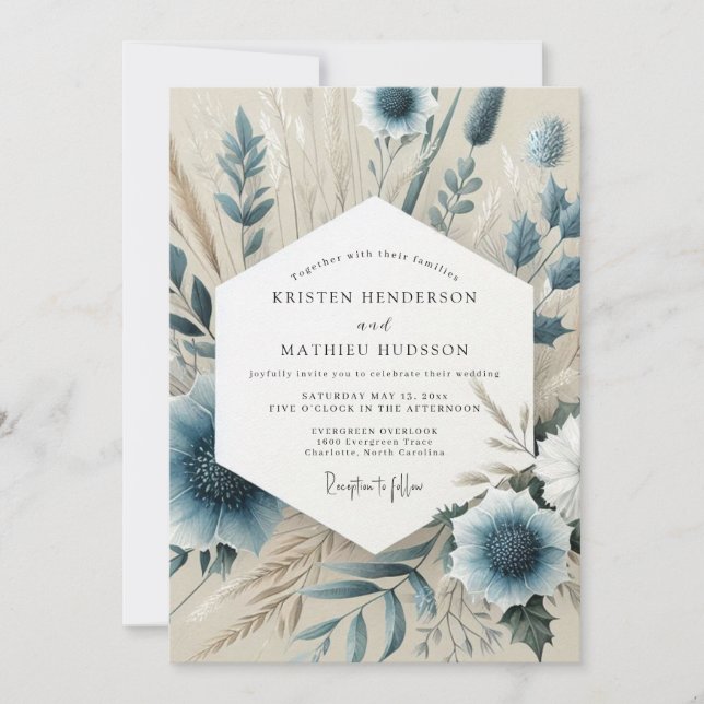 Slate Blue Whispering Bloom Wedding Inbjudningar (Framsida)