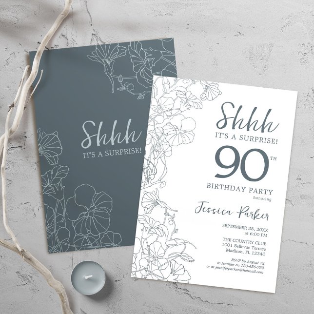 Slate Blue White Botanias 90:e födelsedag Inbjudningar (Skapare uppladdad)
