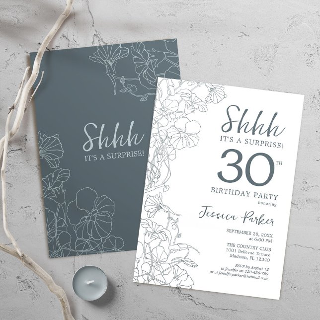 Slate Blue White Botanical Surprise 30års födelsed Inbjudningar (Skapare uppladdad)