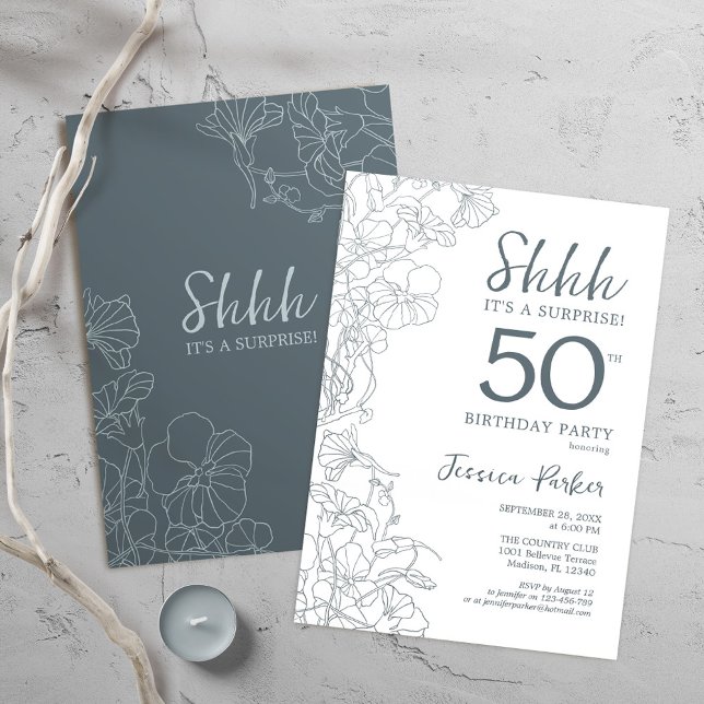 Slate Blue White Botanical Surprise 50:e födelseda Inbjudningar (Skapare uppladdad)
