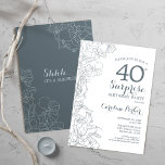 Slate Blue White Surprise 40:e födelsedagen Party<br><div class="desc">Slate Blue White Surprise 40:e födelsedagsinbjudan. Minimalistisk modern design med botaniska accenter och typsnitt för typsnitt. Blommigt inbjudan-kortets perfekt för en snyggt kvinnlig överraskning dagen firande. Kan anpassas till vilken ålder som helst.</div>