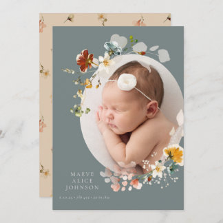 Slate Blue Wildbloms Photo Birth Announcement Inbjudningar