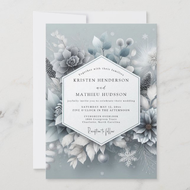 Slate Blue Wintertide Bloom Wedding Inbjudningar (Framsida)