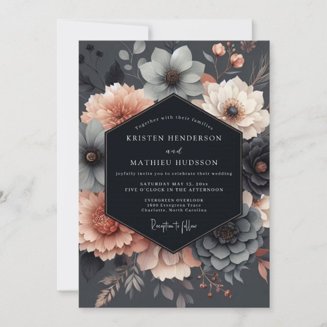 Slate Blush Moody Bloom Wedding Inbjudningar (Framsida)