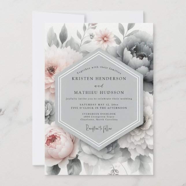 Slate Blush Painterly Peony Wedding Inbjudningar (Framsida)