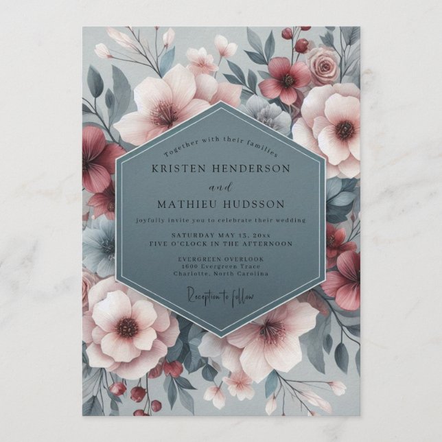 Slate Blush Pastoral Bloom Wedding Inbjudningar (Framsida)