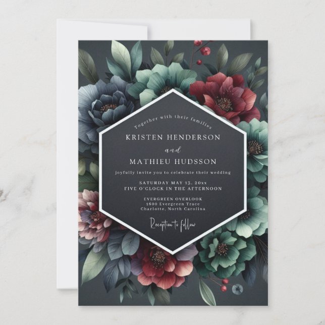 Slate Burgundy Baroque Bloom Wedding Inbjudningar (Framsida)