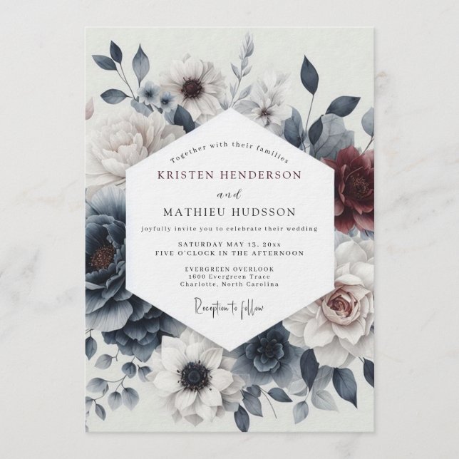 Slate Burgundy Moody Bloom Wedding Inbjudningar (Framsida)