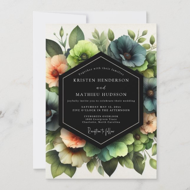 Slate Coral Artistic Bloom Wedding Inbjudningar (Framsida)