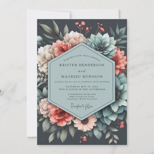 Slate Coral Moody Bloom Wedding Inbjudningar (Framsida)